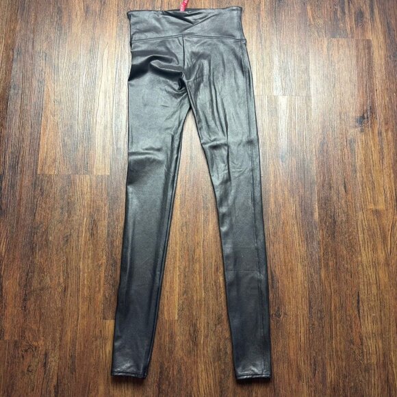 Spanx Black Vegan Leather Leggings Size Medium Power Waistband - Picture 2 of 10